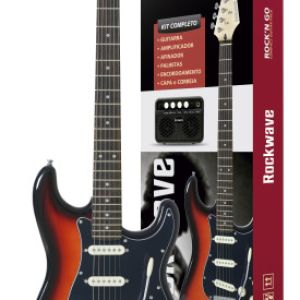 KIT GUITARRA ROCKWAVE COM CUBO, CAPA, CABO, CORREIA, AFINADOR, PALHETA E CORDA EXTRA - RGK50 COR SUNBURST