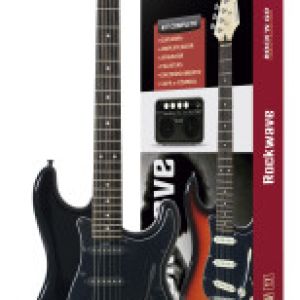 KIT GUITARRA ROCKWAVE COM CUBO, CAPA, CABO, CORREIA, AFINADOR, PALHETA E CORDA EXTRA - RGK50 COR PRETA