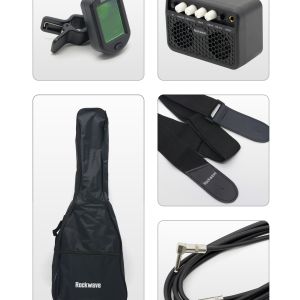 KIT GUITARRA ROCKWAVE COM CUBO, CAPA, CABO, CORREIA, AFINADOR, PALHETA E CORDA EXTRA - RGK50 COR PRETA