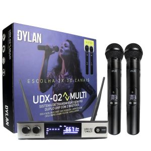 MICROFONE DYLAN SEM FIO UDX-02 - DUPLO DE MÃO - 1 RECEPTOR UHF COM 2 ANTENAS 2 BASTOES TRANSMISSORES EM UHF