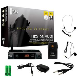 MICROFONE DYLAN SEM FIO UDX-03 - UM RECEPTOR COM UMA ANTENA, UM TRANSMISSOR -  UM HEADSET E UM LAPELA