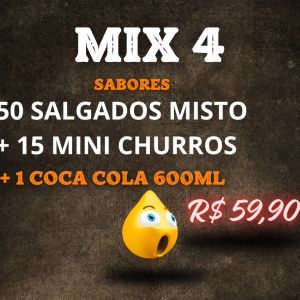 MIX 4:  50 Salgados Mistos + 15 mini churros + 1 Coca Cola 600ml